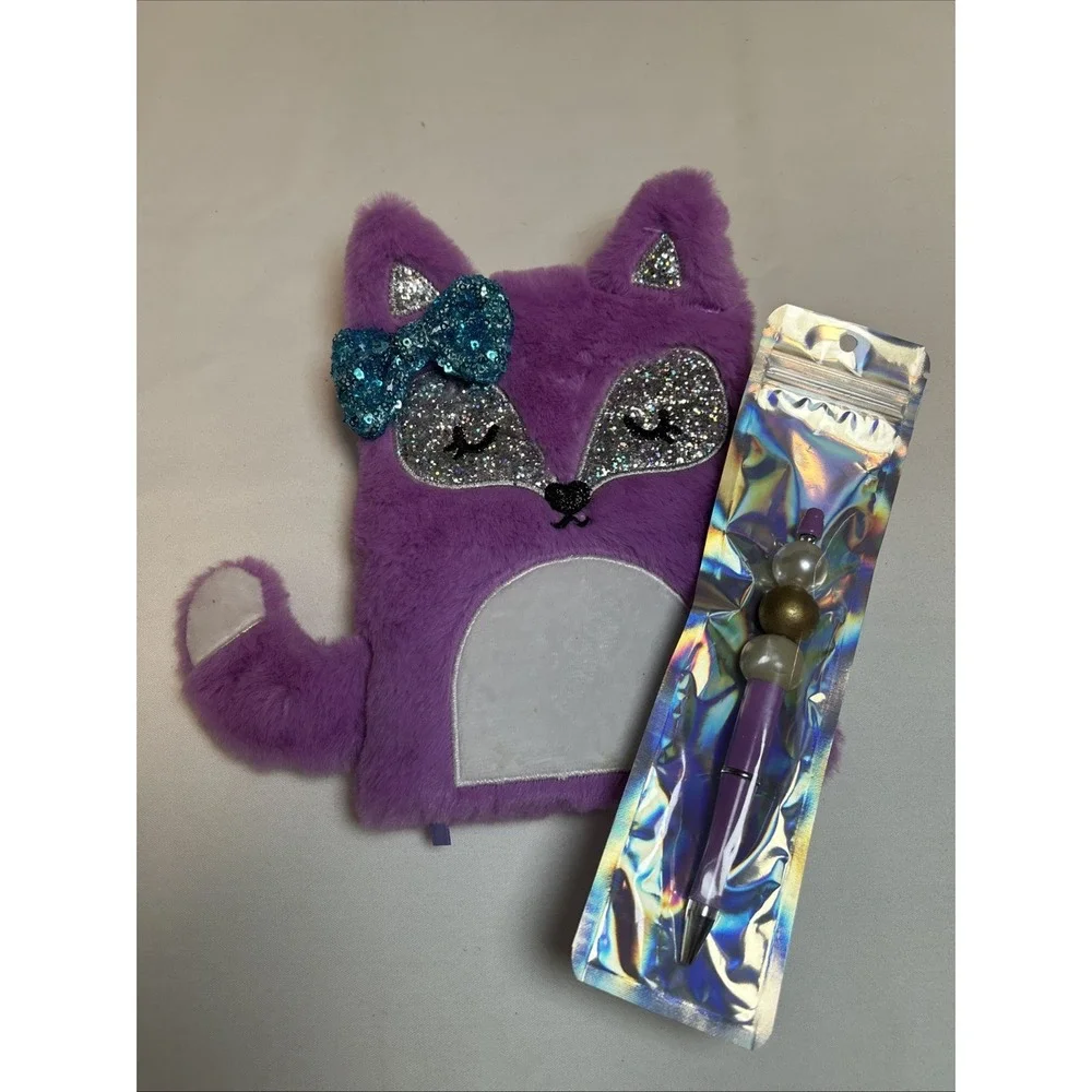 Fuzzy Novelty Purple Fox Notebook Matching Pen Diary Writing Book Animal 1689
